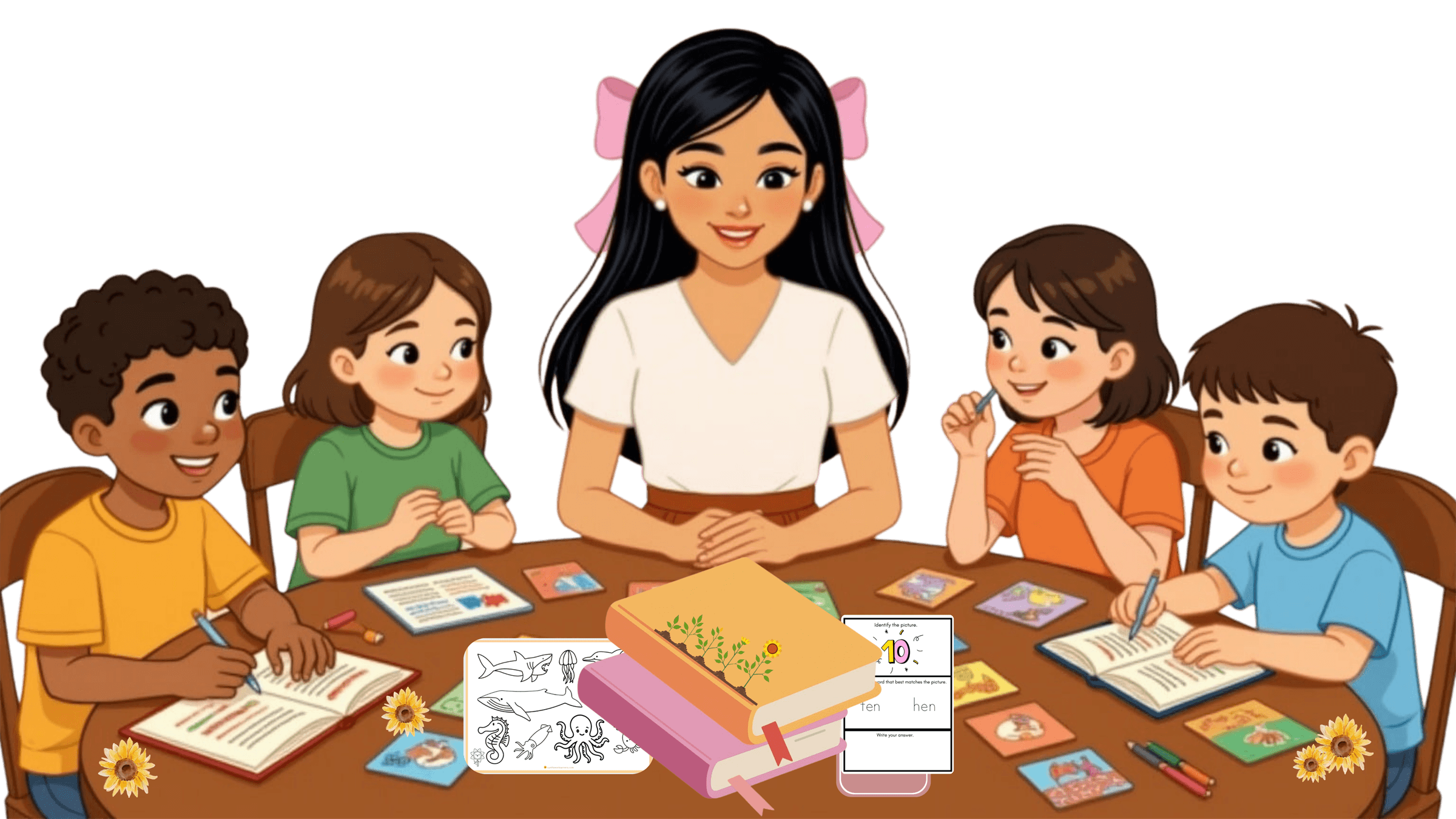 Teacher and children learning together at a table